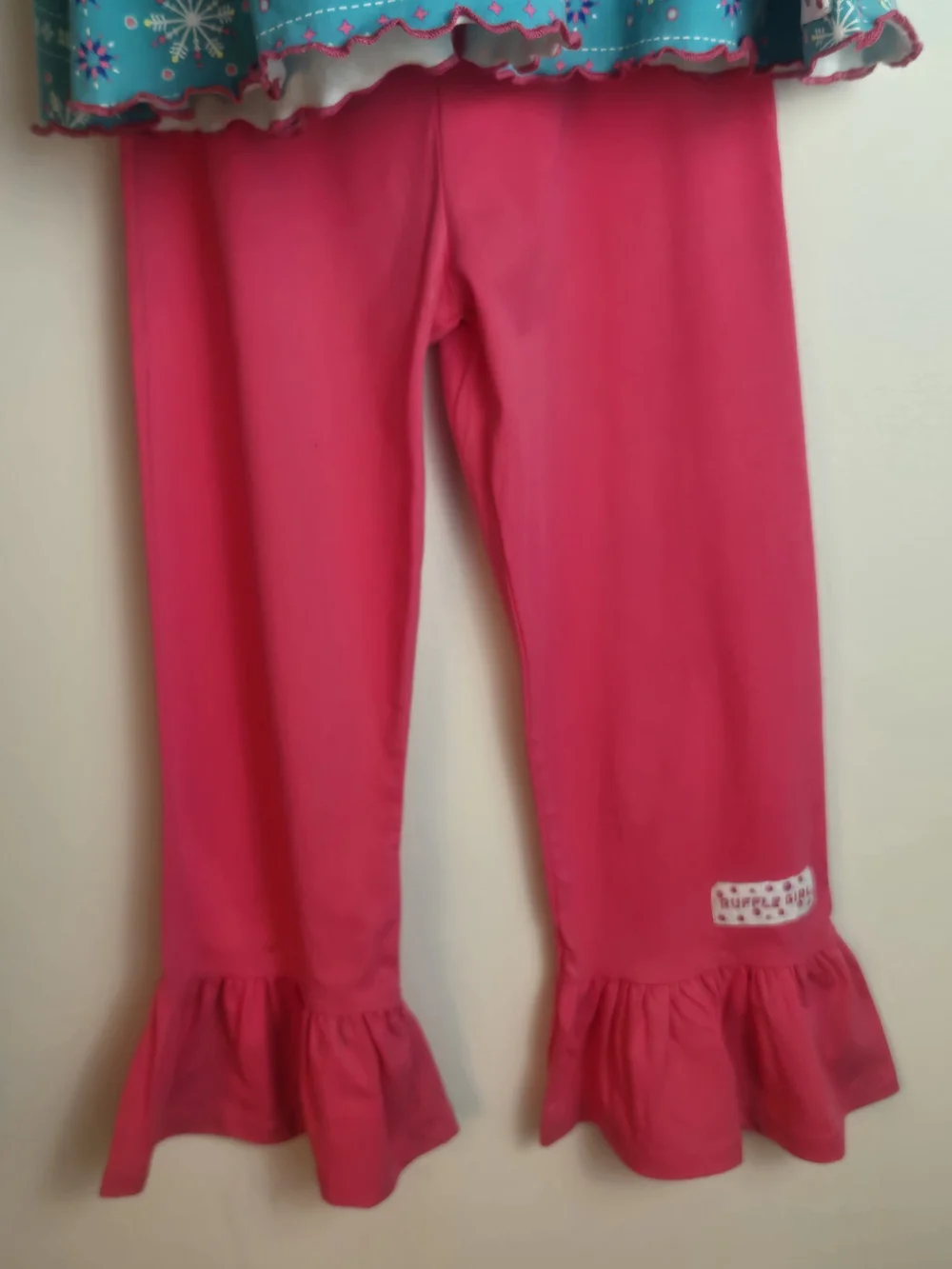 Ruffle Girl Teal Snowflake Tunic with Bright Pink Ruffle  Pants